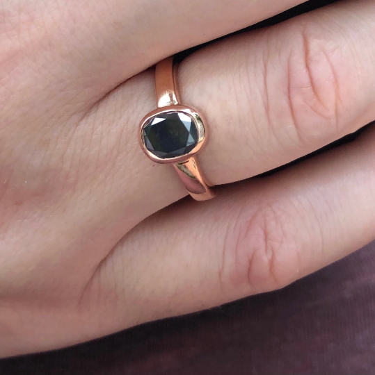 Salt And Pepper Oval Cut Diamond On Bezel Set 14K Rose Gold Galaxy Diamond Engagement Ring For Her - JayKrishna Diamond